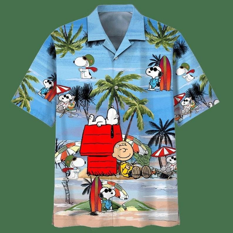 Snoopy And Charlie Brown The Peanuts, Snoopy Summer Time Hawaiian Graphic Print Short Sleeve Hawaiian Casual Shirt