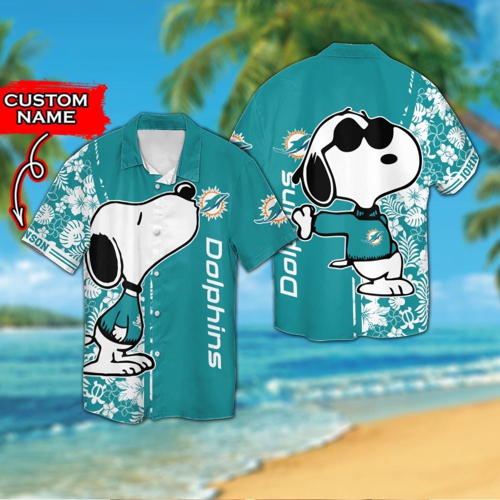Miami Dolphins & Snoopy Custom Personalized Short Sleeve Button Up Tropical Aloha Hawaiian Shirts For Men Women Nfl