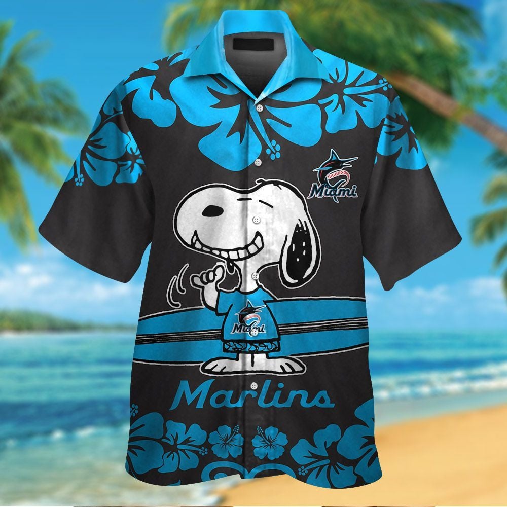 Miami Marlins Snoopy Short Sleeve Button Up Tropical Aloha Hawaiian Shirts For Men Women Mlb