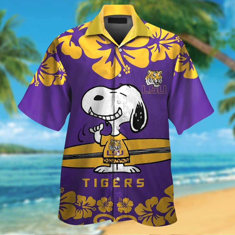 Lsu Tigers & Snoopy Short Sleeve Button Up Tropical Aloha Hawaiian Shirts For Men Women Ncaa