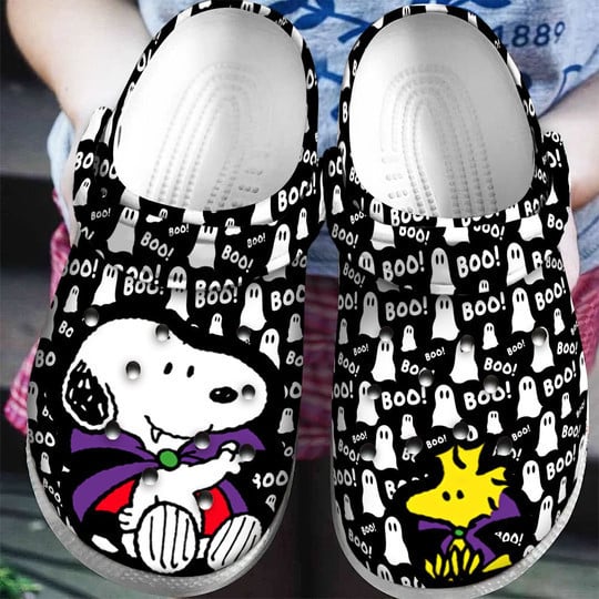 Snoopy Disney W Boo Printed Pattern Crocs Classic Clogs Shoes In White & Black
