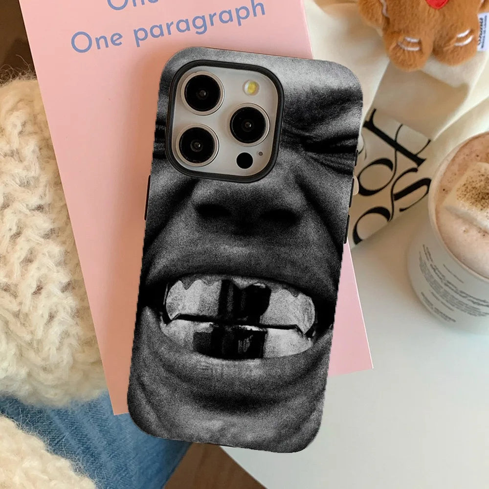 Black Smiley Face Teeth Abstract Case for IPHONE 16 ProMax 15 14 13 12 11 PRO Plus Acrylic TPU Two in One Magnetic Phone Cases